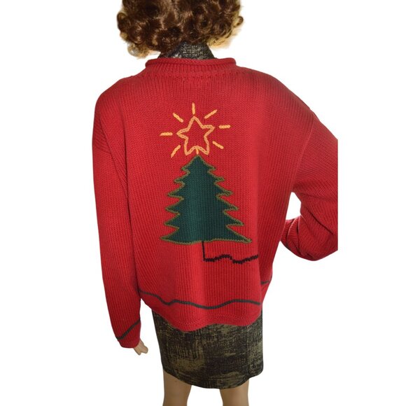 Vintage 90s Christmas Tree Holiday Knit Sweater Snowman Pin Womens Estimated M/L - Picture 3 of 9